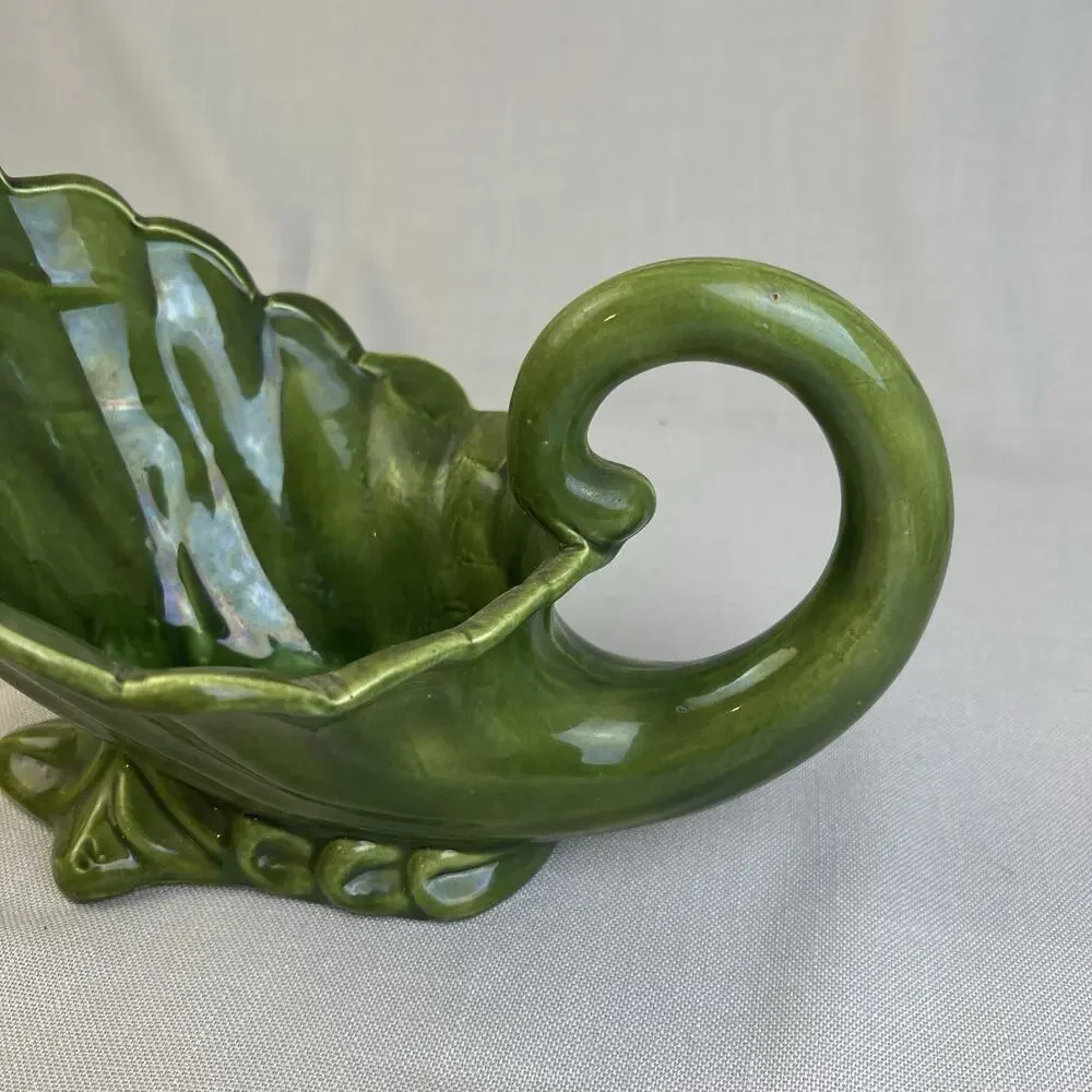 Vintage Ceramic Vase Dark Green Mid Century Modern Home Decor Cornucopia Bowl